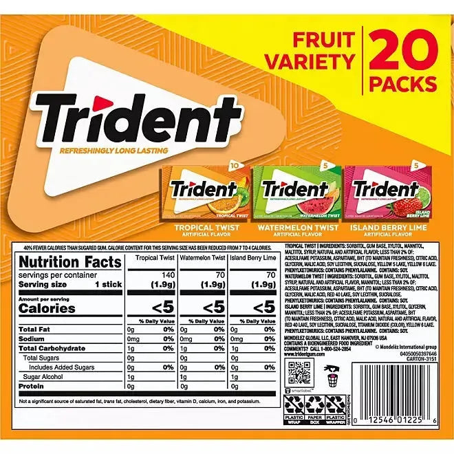 Trident Fruit Variety Sugar Free Gum: 20-Pack