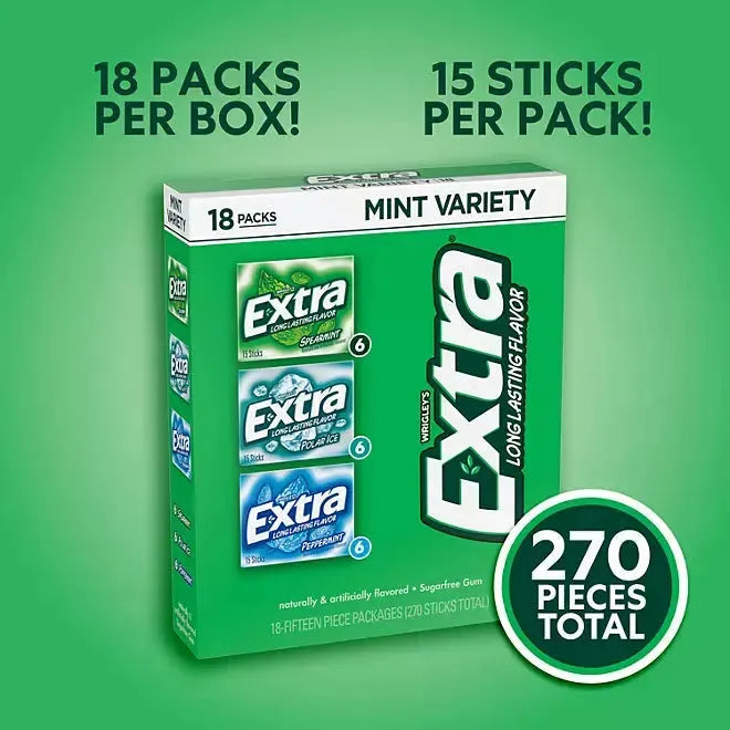 EXTRA Mint Sugar Free Chewing Gum Variety Pack: 18 Pack