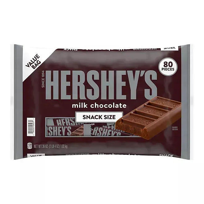 Hershey's Milk Chocolate Snack Size Candy Bars: 80-Piece Bag