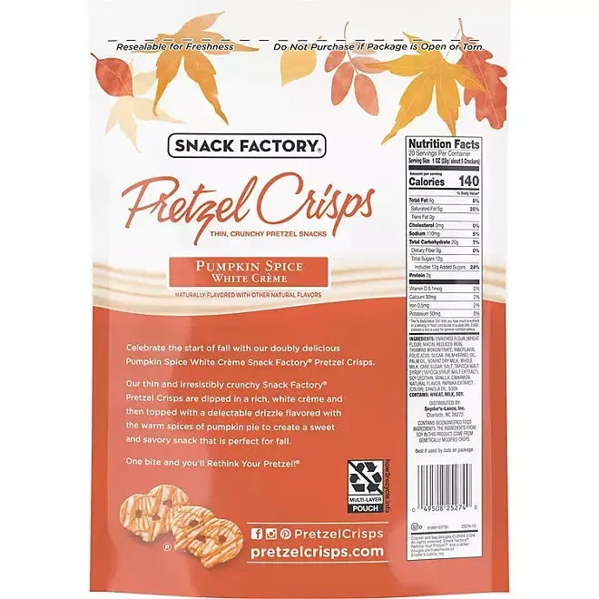 Snack Factory Pumpkin Spice White Creme Pretzel Crisps: 1LB Bag