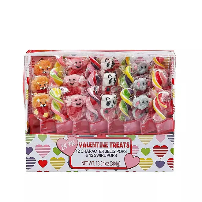 Valentine's Day Character & Swirl Jelly Pops: 24-Piece Box