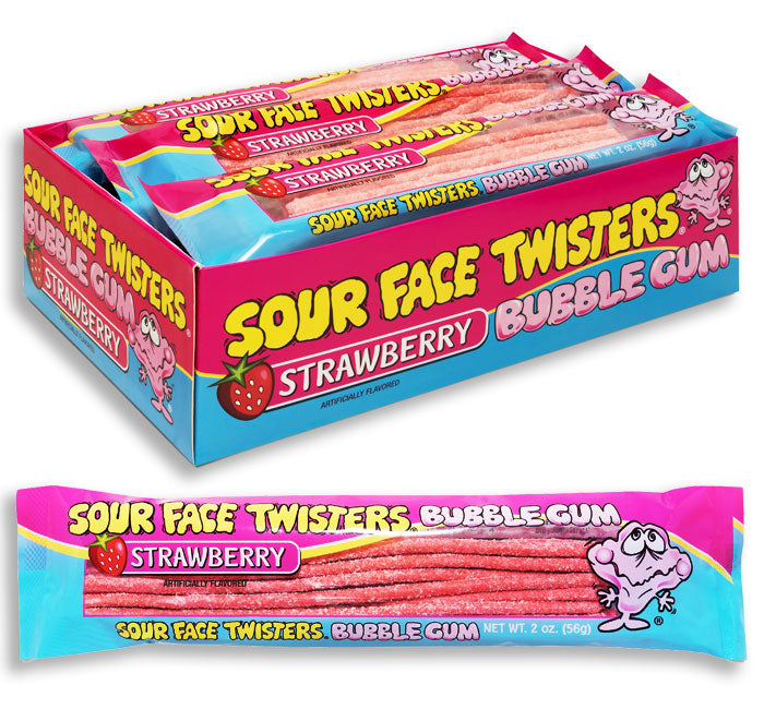 Face Twisters Sour Bubblegum Straws - Strawberry: 12-Piece Display