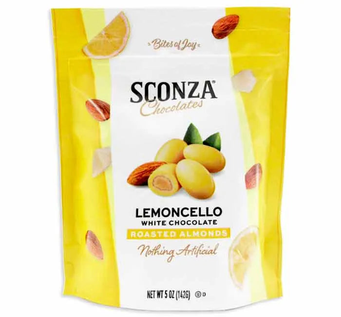 Sconza Lemoncello White Chocolate Roasted Almonds Peg Bags: 6-Piece Case