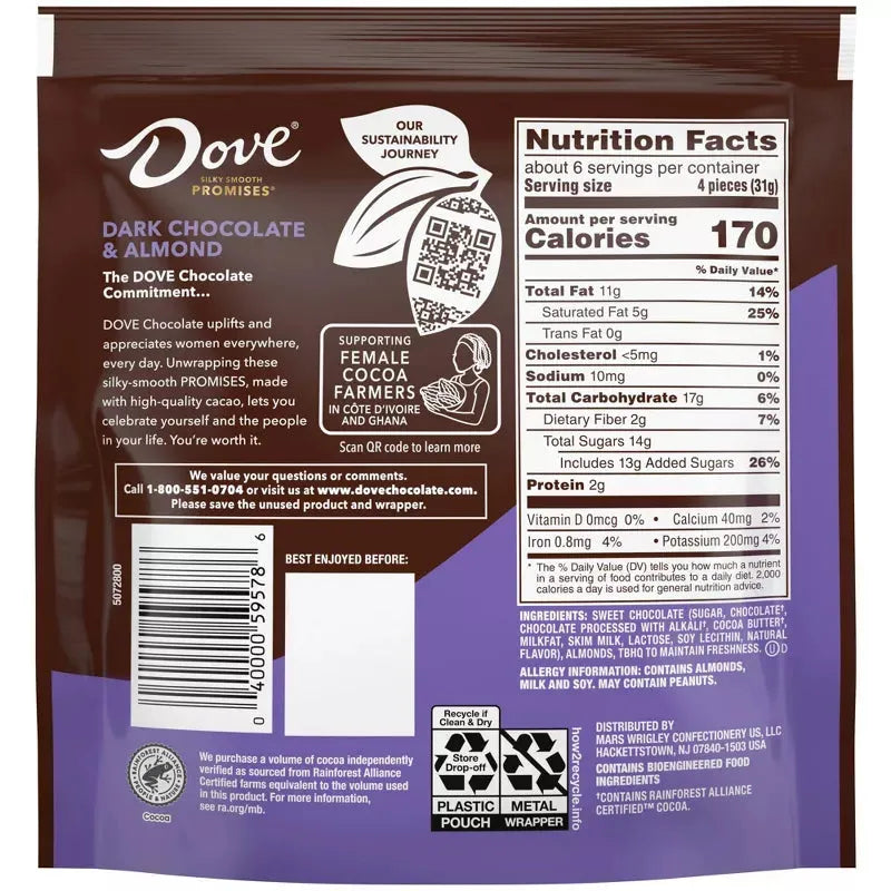 Dove Dark Chocolate Almond Squares: 24-Piece Bag