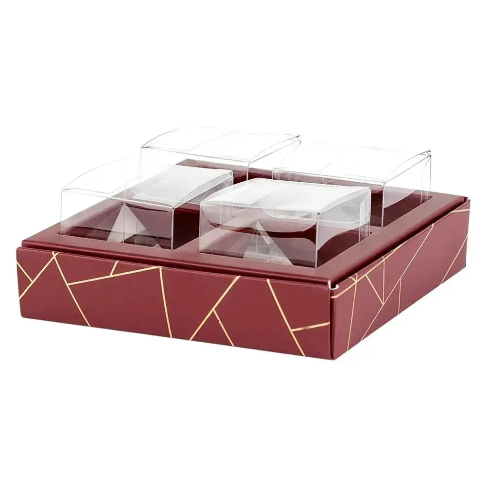 4 Square Shaped Clear Boxes With Square Tray Maroon 5.4" X 5.45" X 1.2" PACK 12