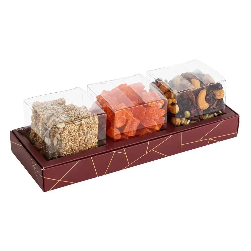 3 Square Shaped Clear Boxes With Rectangle Tray Maroon 11" X 3.9" X 1.3" Pack of 12