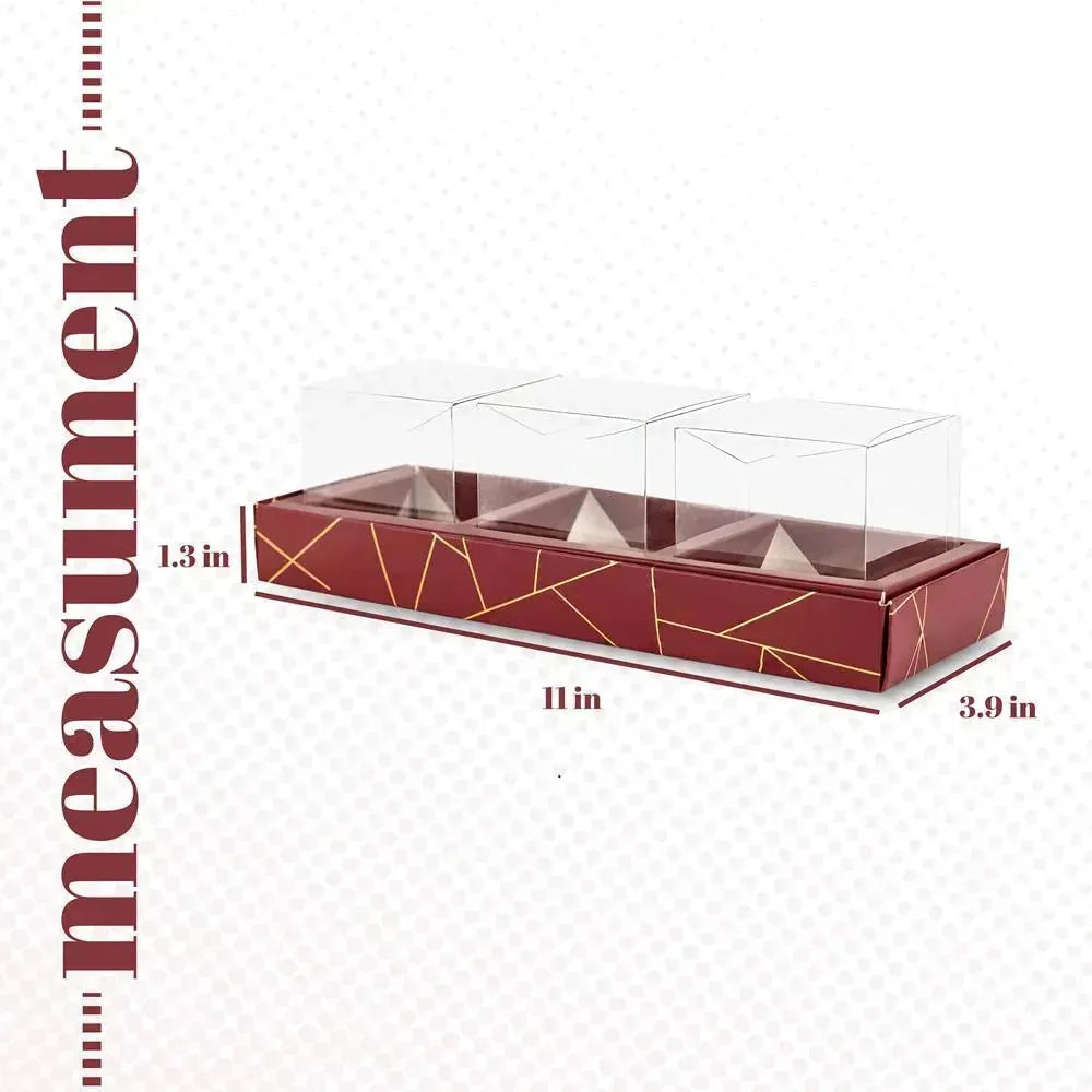 3 Square Shaped Clear Boxes With Rectangle Tray Maroon 11" X 3.9" X 1.3" Pack of 12