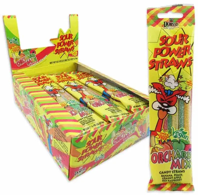 Sour Power Candy Straws Peg Bag - Orchard Mix: 24-Piece Display