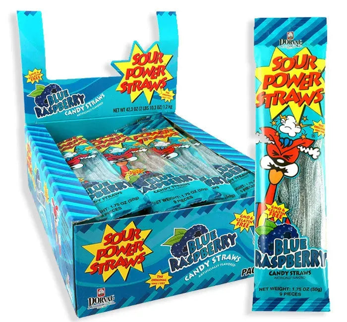 Sour Power Candy Straws Peg Bag - Blue Raspberry: 24-Piece Display