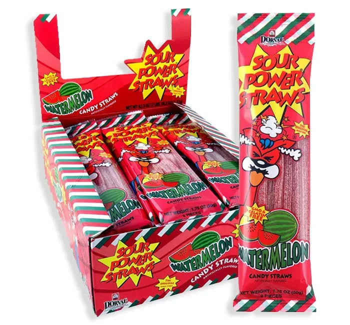 Sour Power Candy Straws - Watermelon: 24-Piece Display