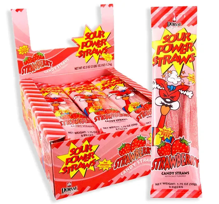 Sour Power Candy Straws Peg Bag - Strawberry: 24-Piece Display