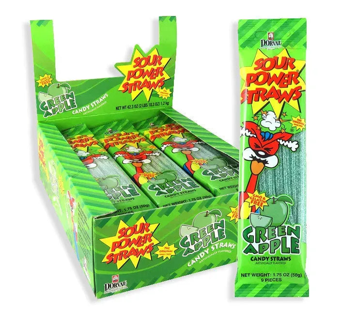 Sour Power Candy Straws - Green Apple: 24-Piece Display