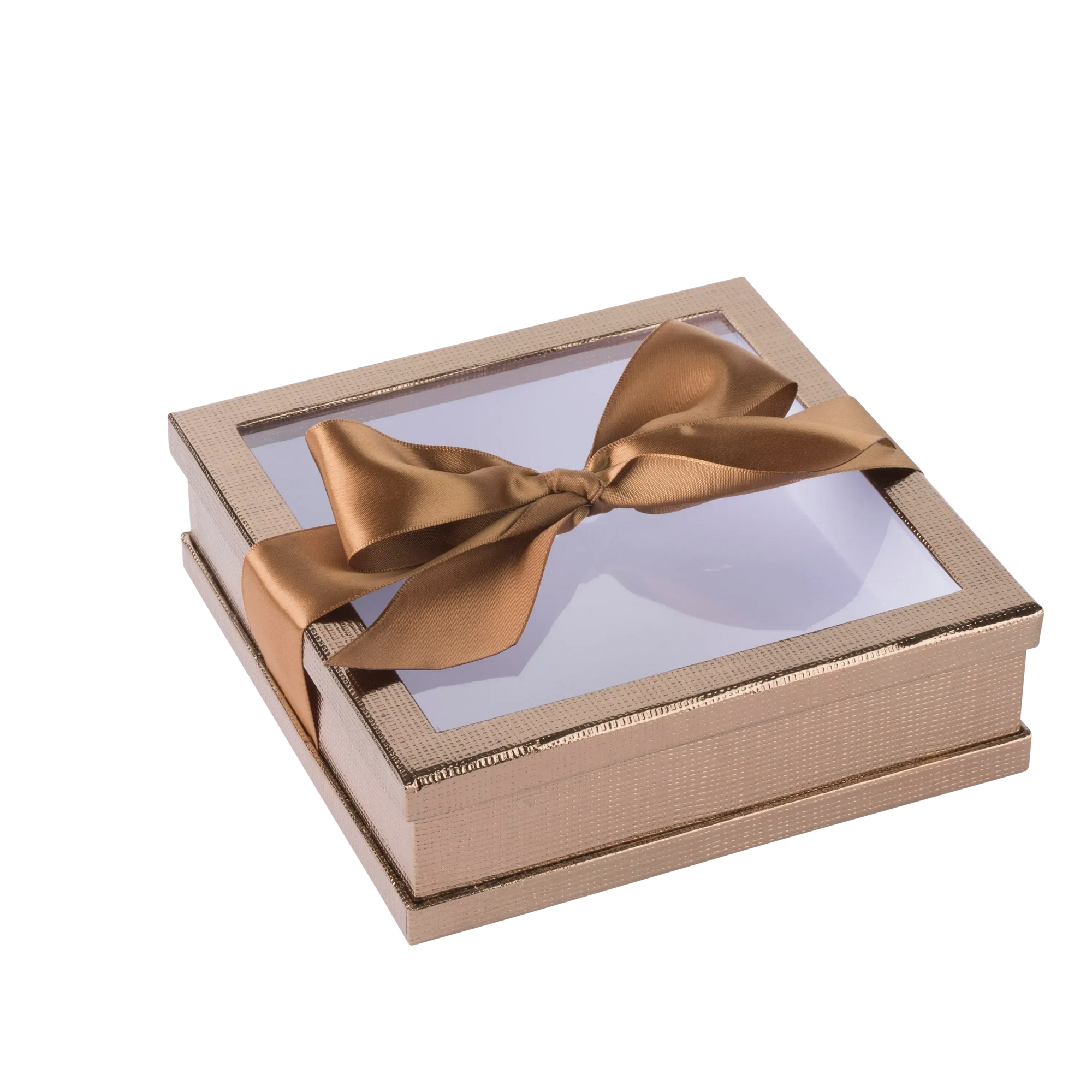 Clear Window Gift Boxes Gold 7" X 7" X 2" 6 Pack With Ribbon