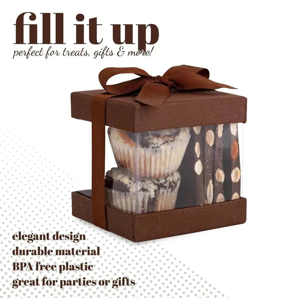 Clear Plastic Gift Boxes Brown 4X4X4" 12 Pack Bakery Boxes With Base Lid & Ribbon