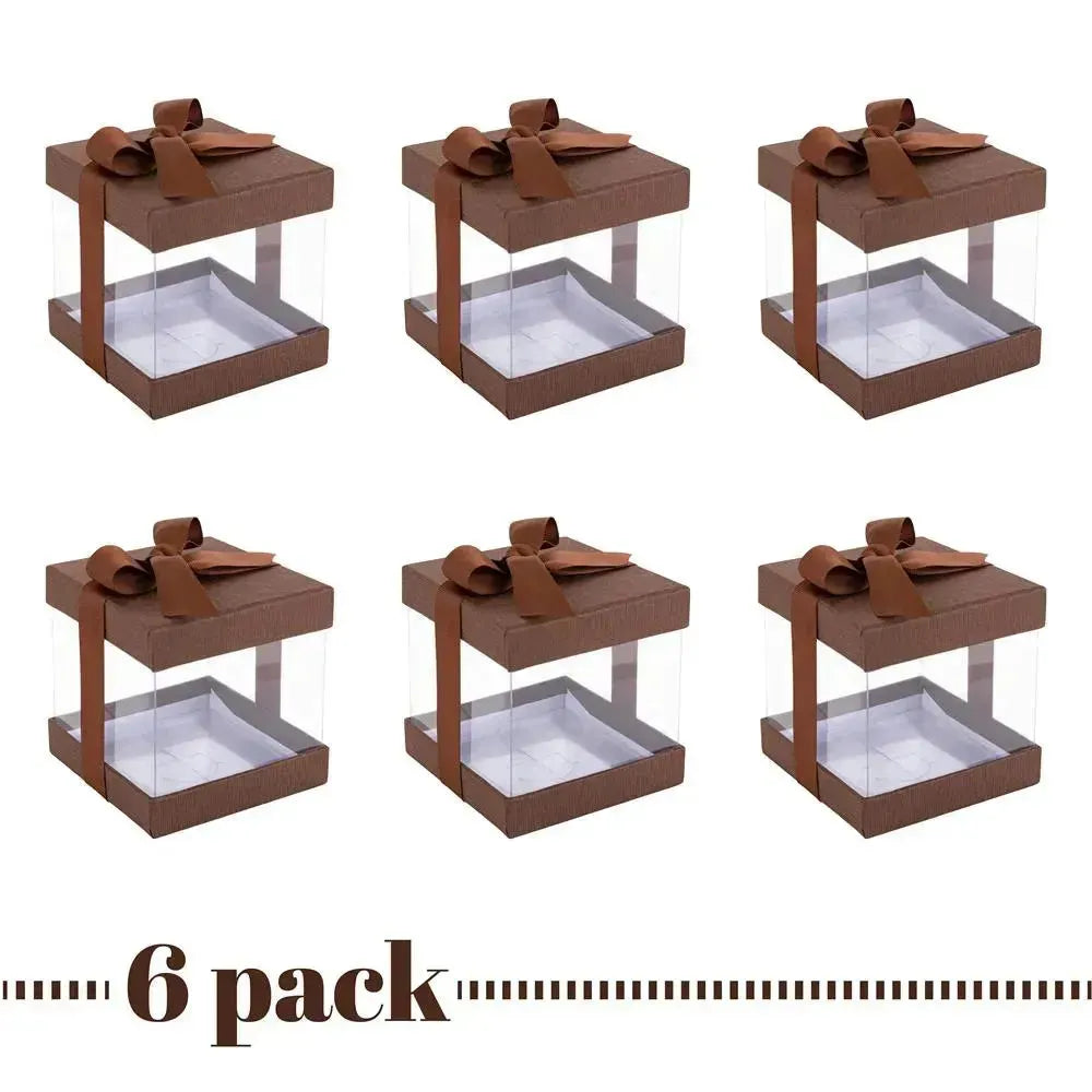 Clear Plastic Gift Boxes Brown 4X4X4&quot; 6 Pack Bakery Boxes With Base Lid &amp; Ribbon