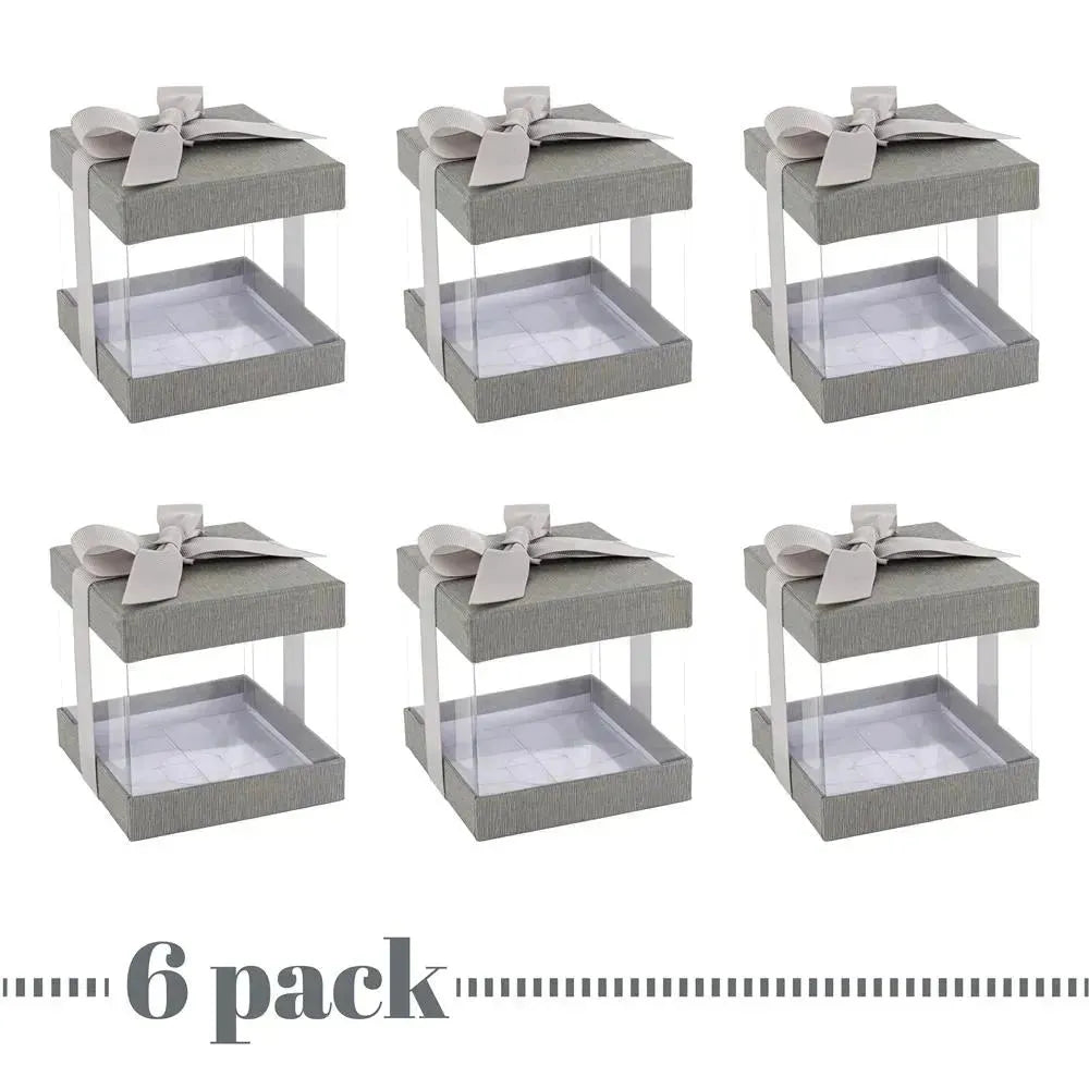 Plastic Gift Boxes Gray 4X4X4&quot; 6 Pack Bakery Boxes With Base Lid &amp; Ribbon