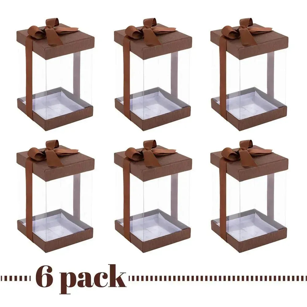 Plastic Gift Boxes Brown 8X 4X 4&quot; 6 Pack Bakery Boxes With Base Lid &amp; Ribbon