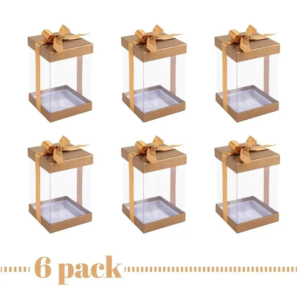 Plastic Gift Boxes Gold 8X4X4&quot; 6 Pack Bakery Boxes With Base Lid &amp; Ribbon