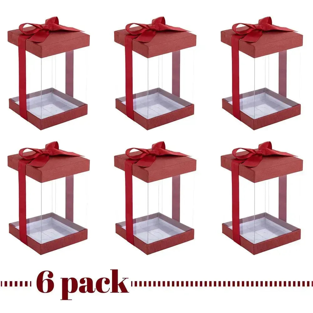 Plastic Gift Boxes Maroon 8X4X4&quot; 6 Pack Bakery Boxes With Base Lid &amp; Ribbon