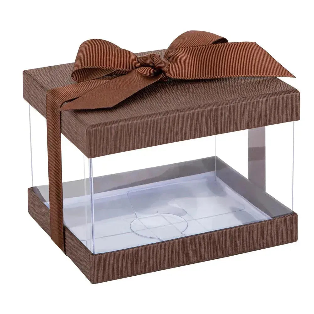 Plastic Gift Boxes Brown 5X4X3.5" 6 Pack Bakery Boxes With Base Lid & Ribbon