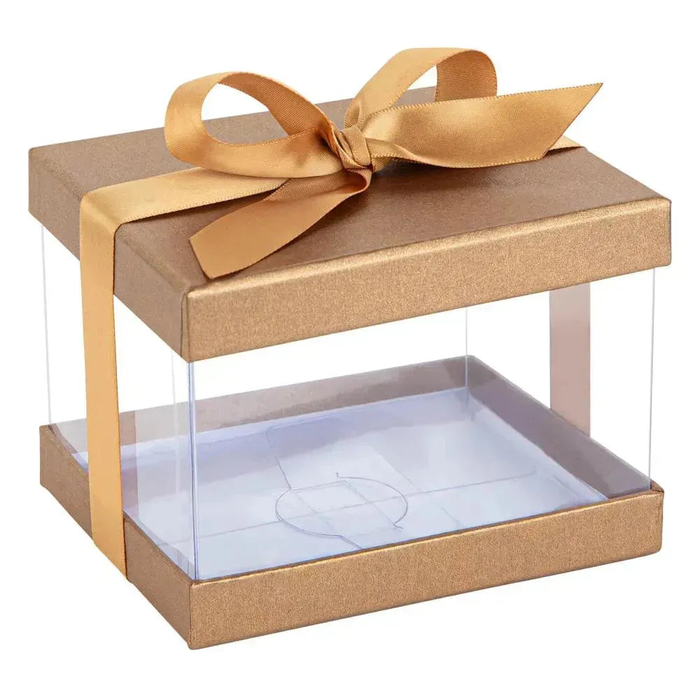 Plastic Gift Boxes Gold 5X4X3.5" 6 Pack Bakery Boxes With Base Lid & Ribbon