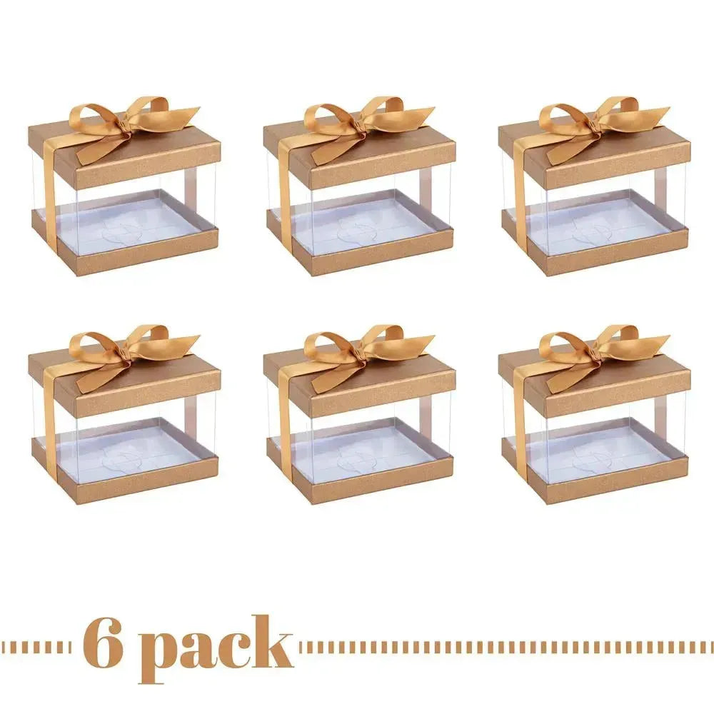 Plastic Gift Boxes Gold 5X4X3.5&quot; 6 Pack Bakery Boxes With Base Lid &amp; Ribbon