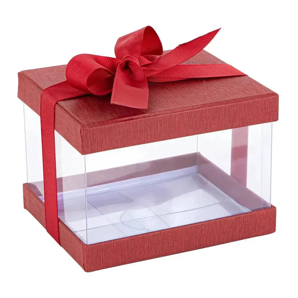 Plastic Gift Boxes Maroon 5X4X3.5&quot; 6 Pack Bakery Boxes With Base Lid &amp; Ribbon