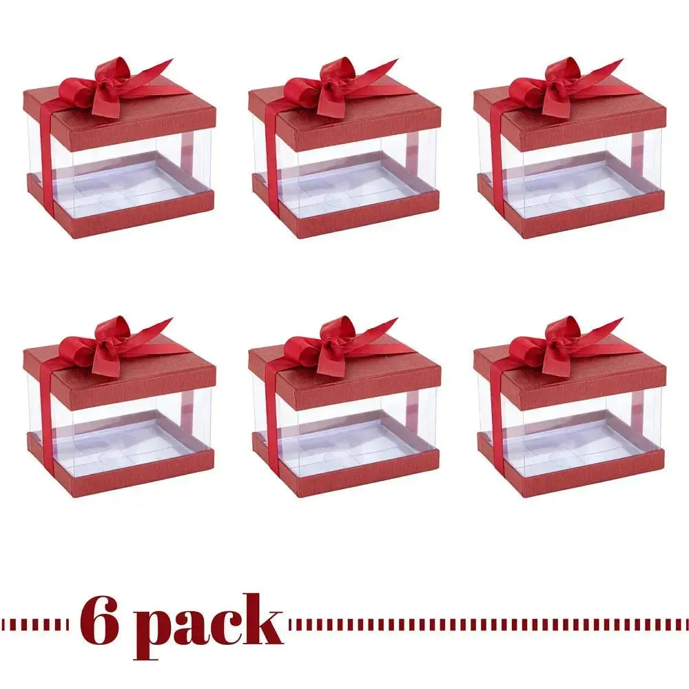 Plastic Gift Boxes Maroon 5X4X3.5&quot; 6 Pack Bakery Boxes With Base Lid &amp; Ribbon