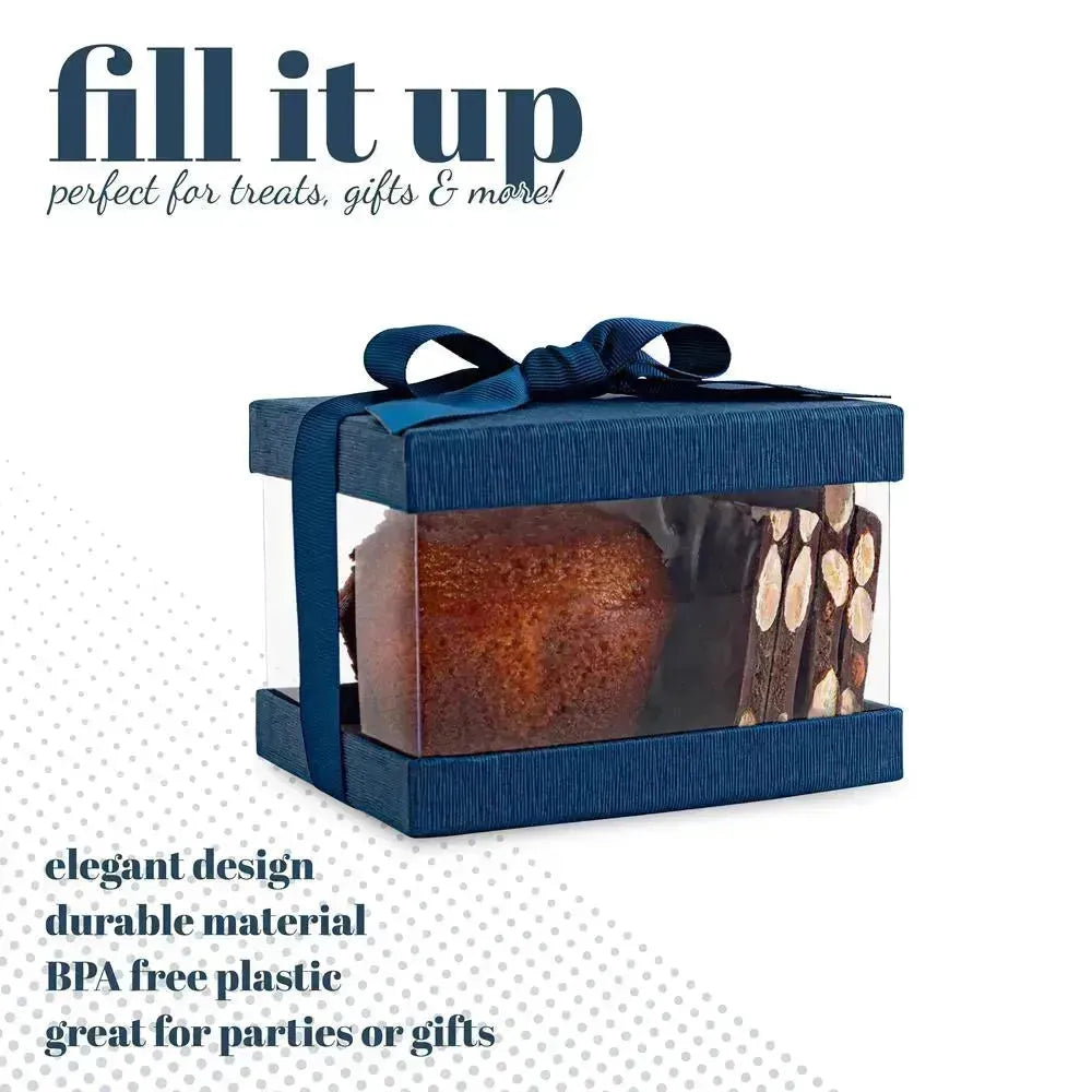 Plastic Gift Boxes Navy blue 5X4X3.5 6 Pack Bakery Boxes With Base Lid &amp; Ribbon