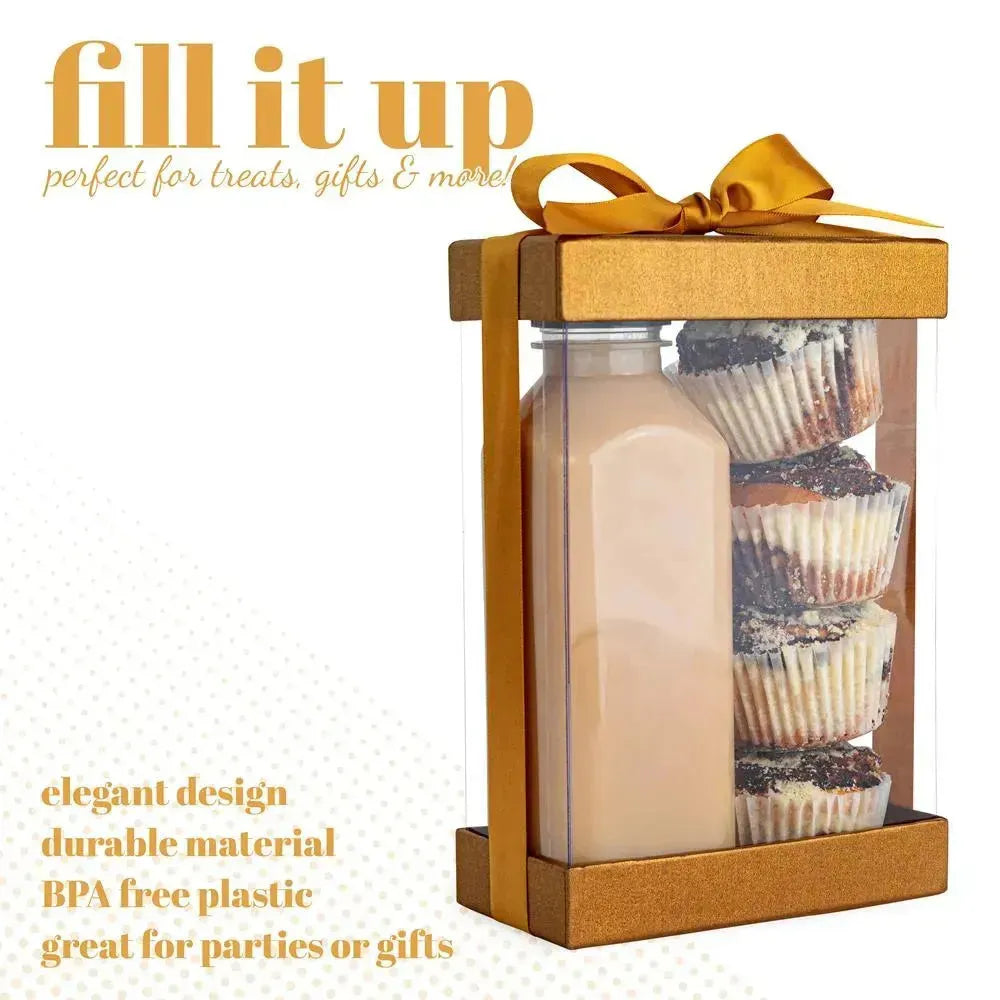 Plastic Gift Boxes Gold 7.5X5X2.5" 6 Pack Bakery Boxes With Base Lid & Ribbon