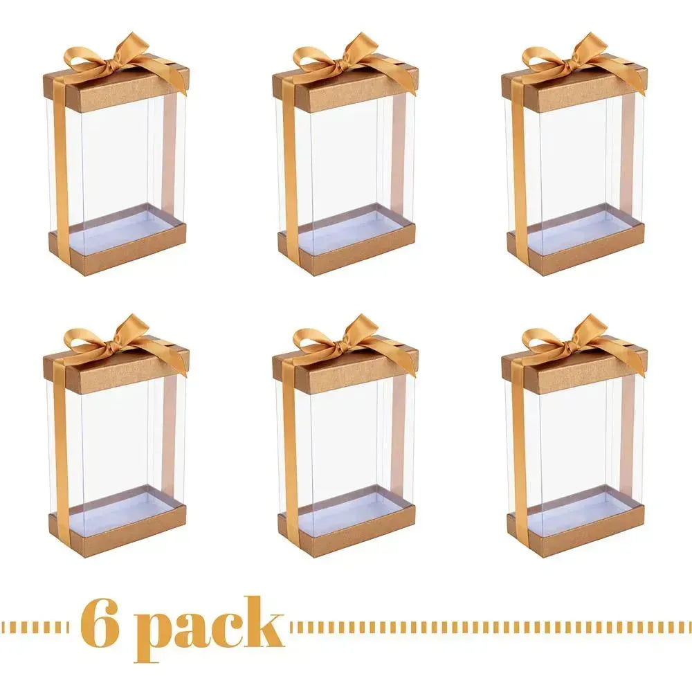 Plastic Gift Boxes Gold 7.5X5X2.5&quot; 6 Pack Bakery Boxes With Base Lid &amp; Ribbon