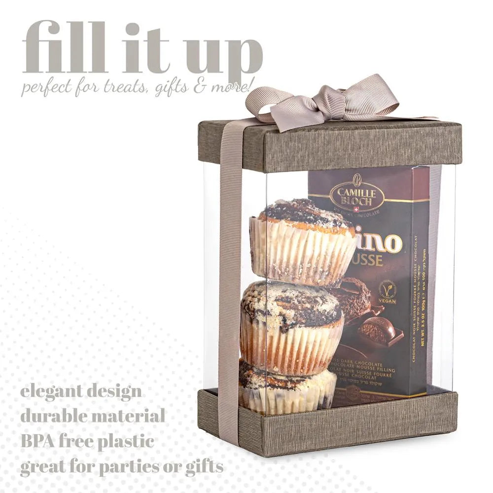 Clear Gift Boxes 6 Pack Bakery Boxes Gray 7X5X3" With Base Lid & Ribbon