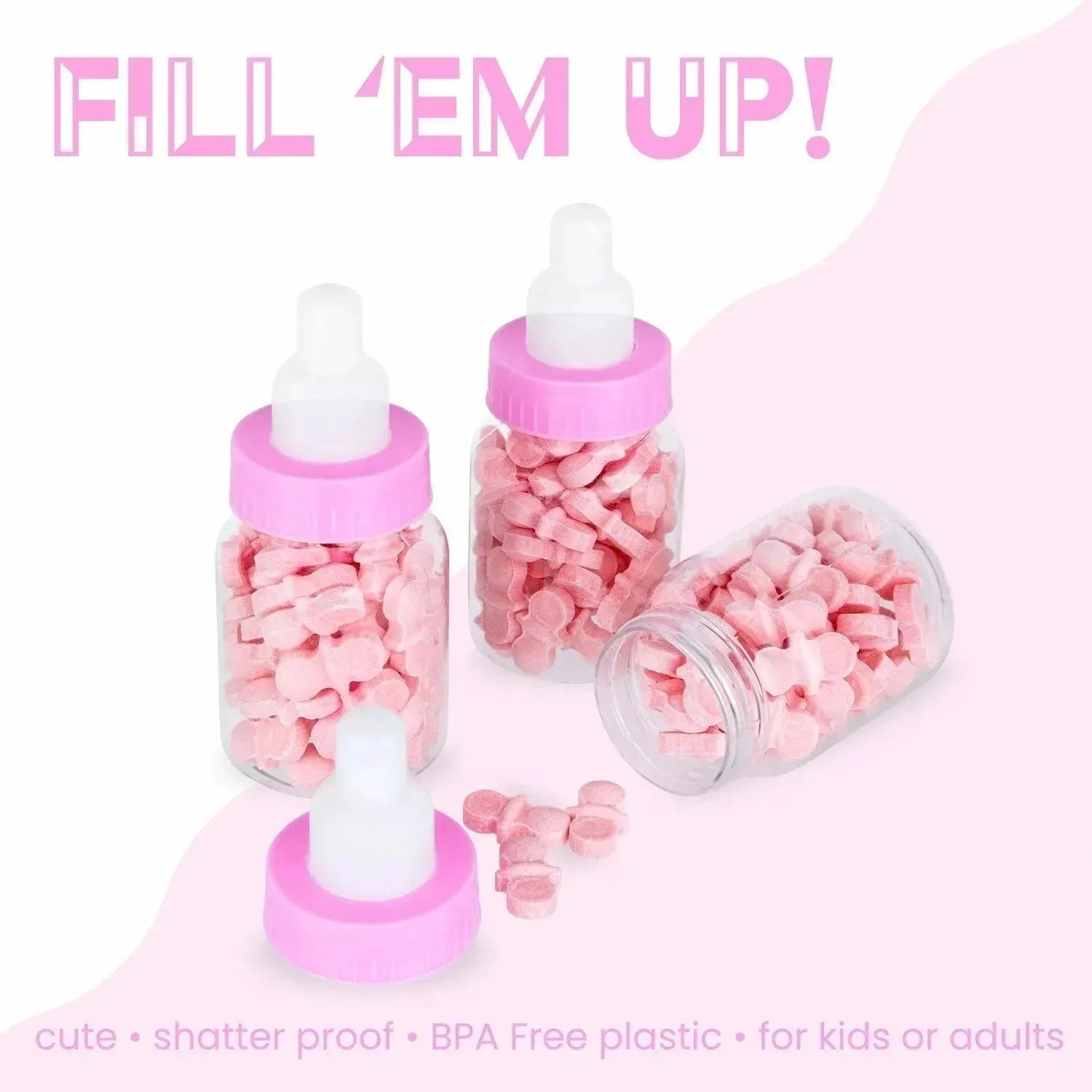 Pink Baby Girl Bottle Shaped Acrylic Candy Boxes 72 Pack 1.5"X3.5"