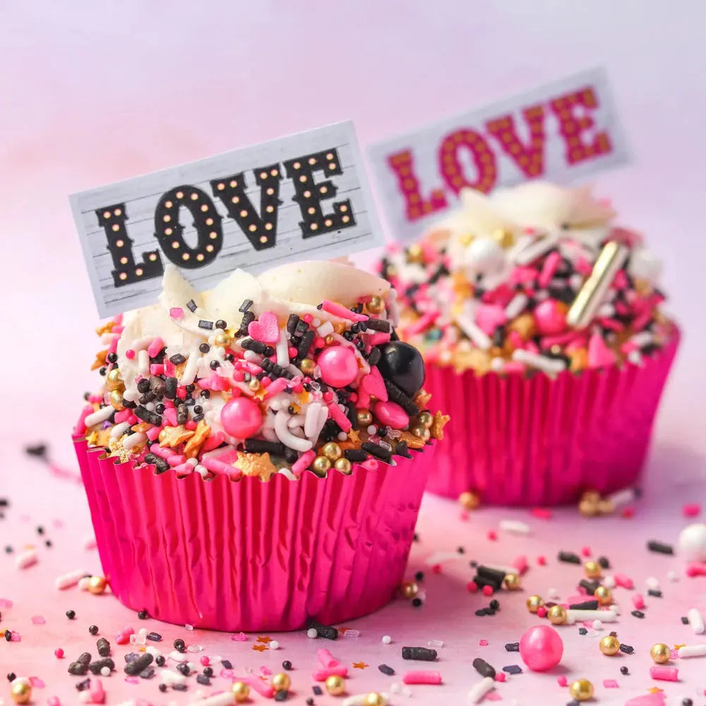 Sprinkle Pop Pink & Black Marquee Love Edible Cupcake Toppers