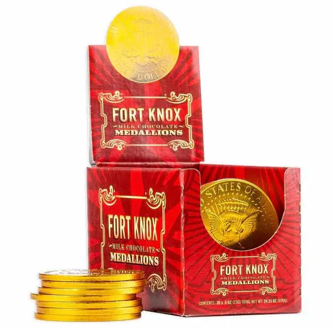 Fort Knox Gold Foiled Milk Chocolate US Dollar Medallions: 30-Piece Box