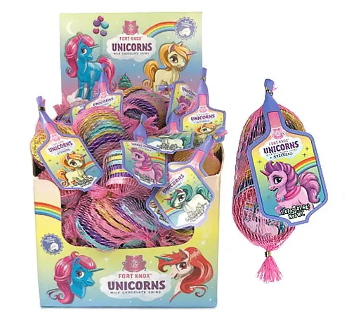 Rainbow Pony Unicorn Foiled Milk Chocolate Coins in Mesh Bags: 18-Piece Box