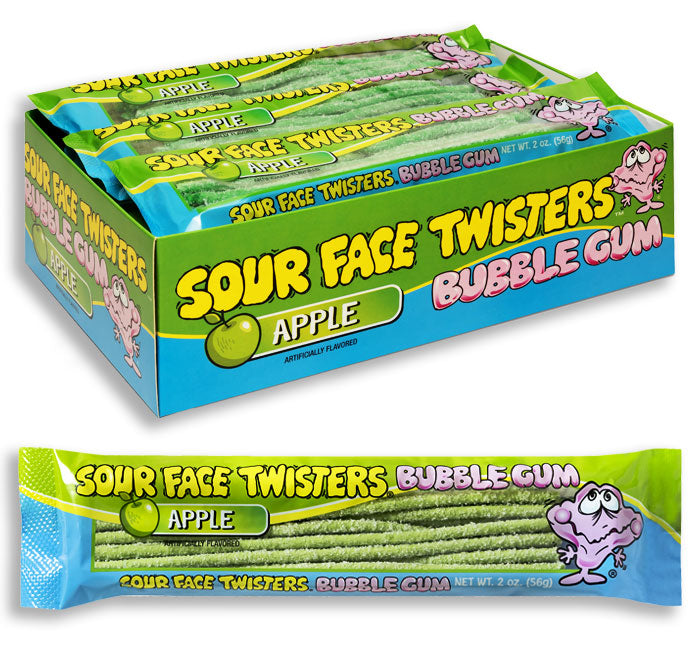 Face Twisters Sour Bubblegum Straws - Green Apple: 12-Piece Display