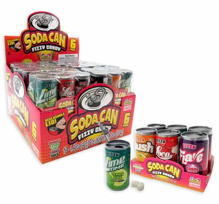 Soda Pop Fizzy Candy Cans Six-Packs: 12-Piece Box