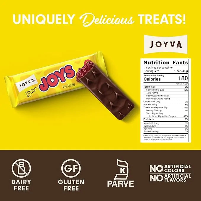 Joyva Joys Chocolate Covered Jelle Raspberry Bars: 36-Piece Box