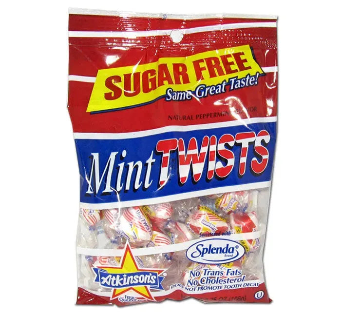 Atkinson Sugar Free Hard Candy Twists - Peppermint Peg Bags: 12-Piece Case