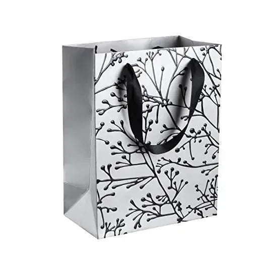 Floral Stems Design 9"X 7"X 4" Silver Foil Stamped Gift Bags 24 Pack