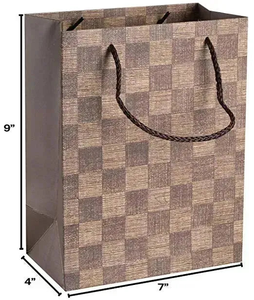 Checkered Gift Bags 9"X 7"X 4" Brown Set 24