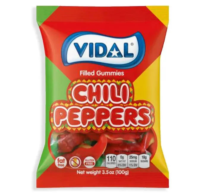 Vidal Chili Peppers Filled Gummies Candy Peg Bags: 14-Piece Case