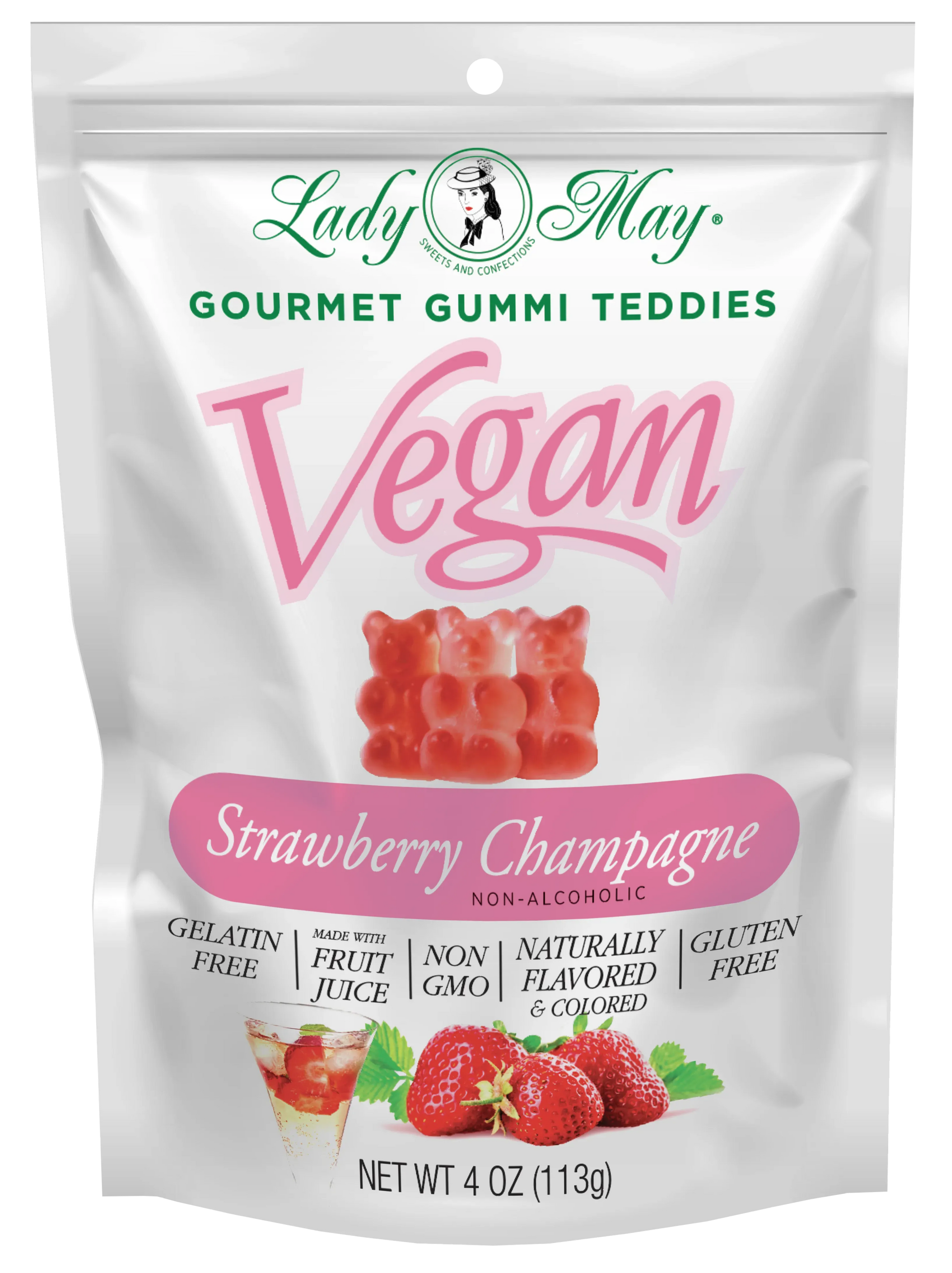 Lady May Sweets Vegan Gourmet Strawberry Champagne Gummi Teddies