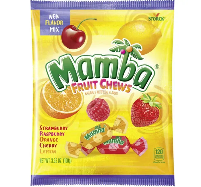 Mamba Fruity Chews Candy Peg Bags: 12-Piece Case