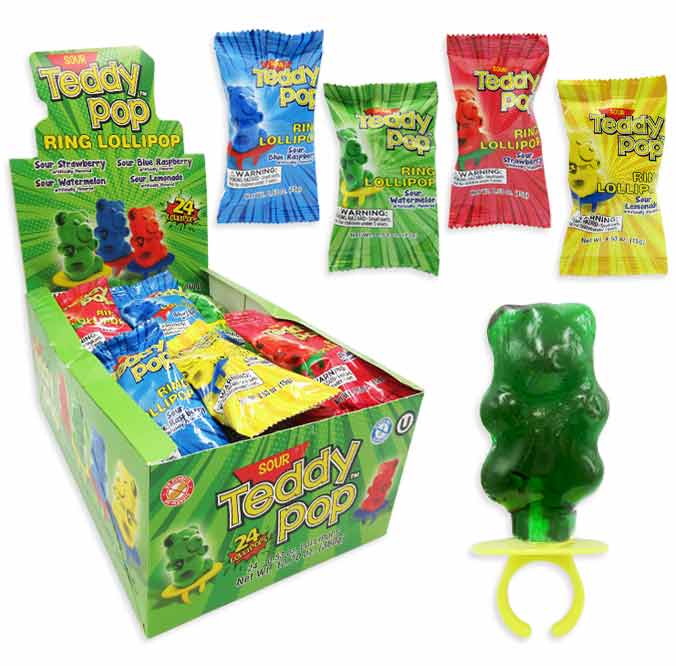 Teddy Pop Sour Lollipop Rings: 24-Piece Box