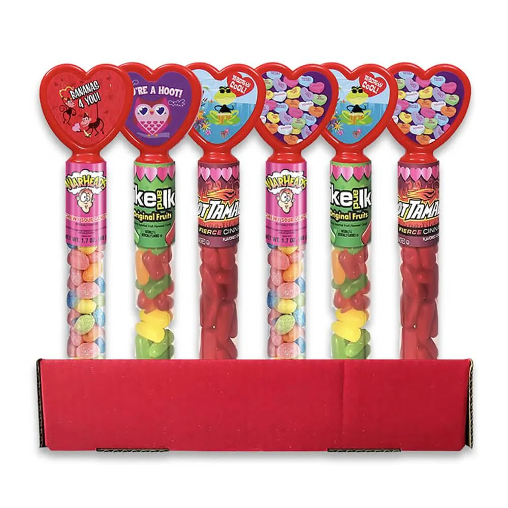 Bee International Candy Hearts Tubes - Mike & Ike, Hot Tamales, and Warheads: 24-Piece Display