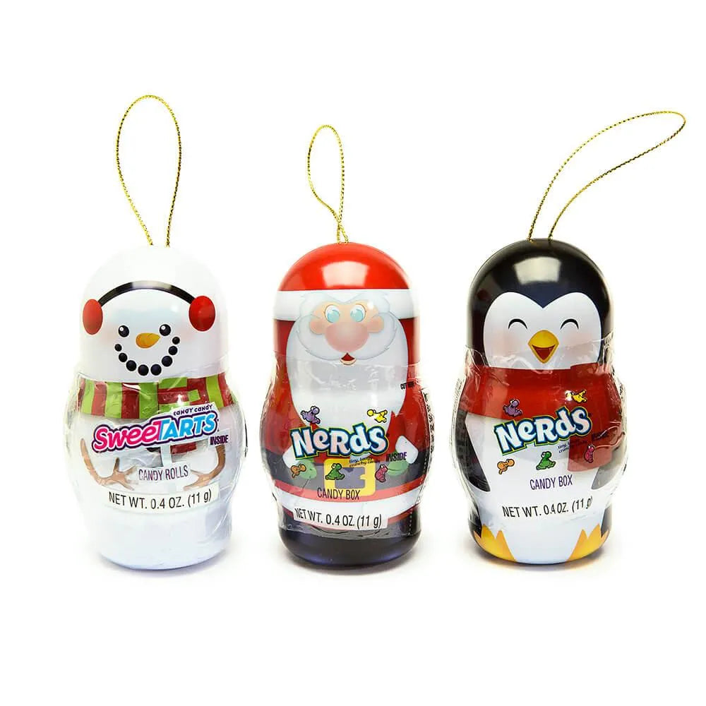 Bee International Candy Tin Christmas Ornaments - Santa, Snowman and Penguin: 12-Piece Box