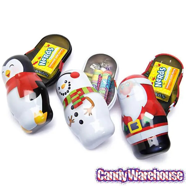 Bee International Candy Tin Christmas Ornaments - Santa, Snowman and Penguin: 12-Piece Box