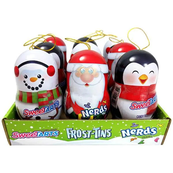 Bee International Candy Tin Christmas Ornaments - Santa, Snowman and Penguin: 12-Piece Box